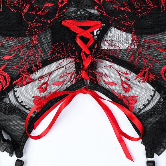 Embroidery Floral Longline Bra Set Women Lingerie Set Black Mesh Underwear - Picture 11 of 12